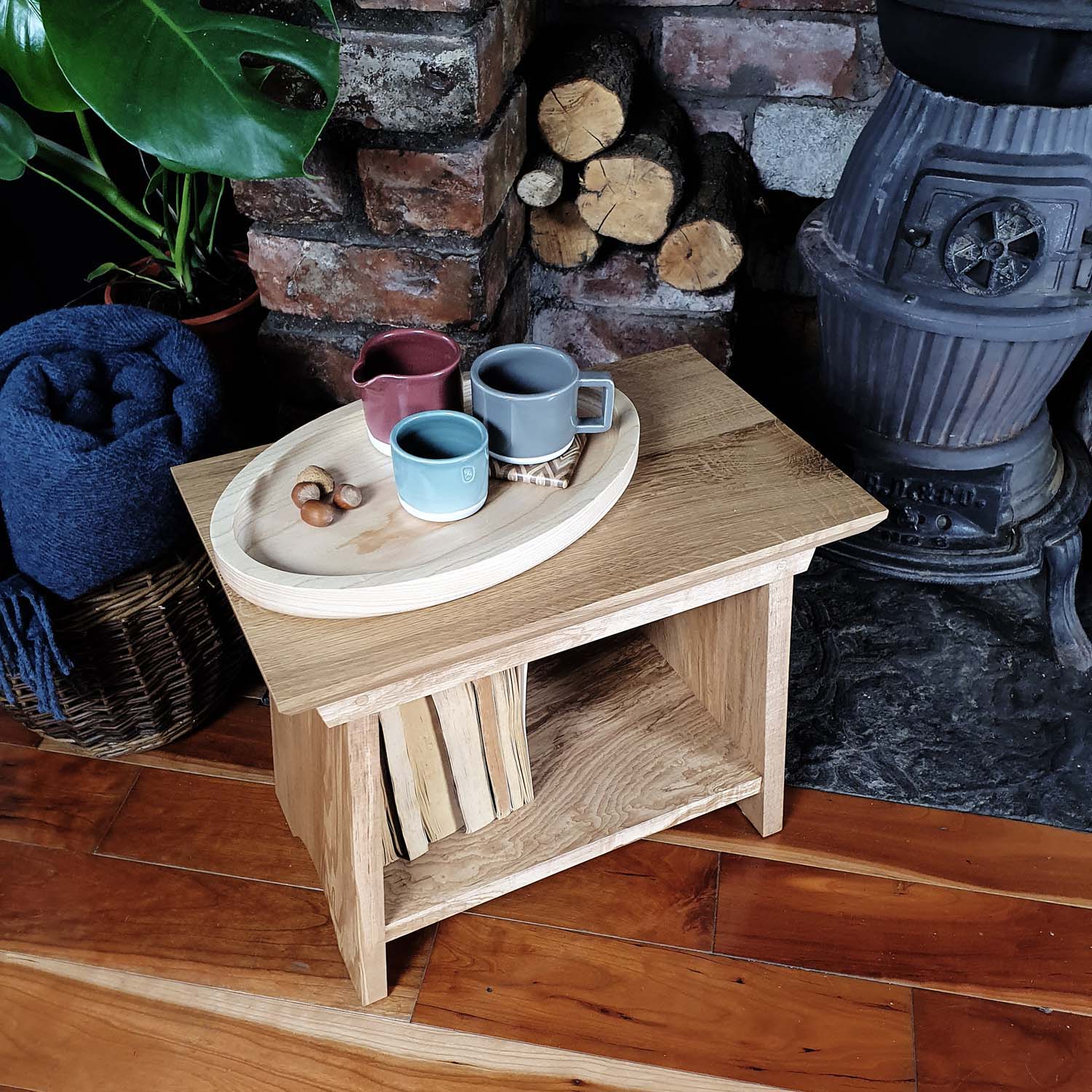 Overview of fireside stool with tea tray